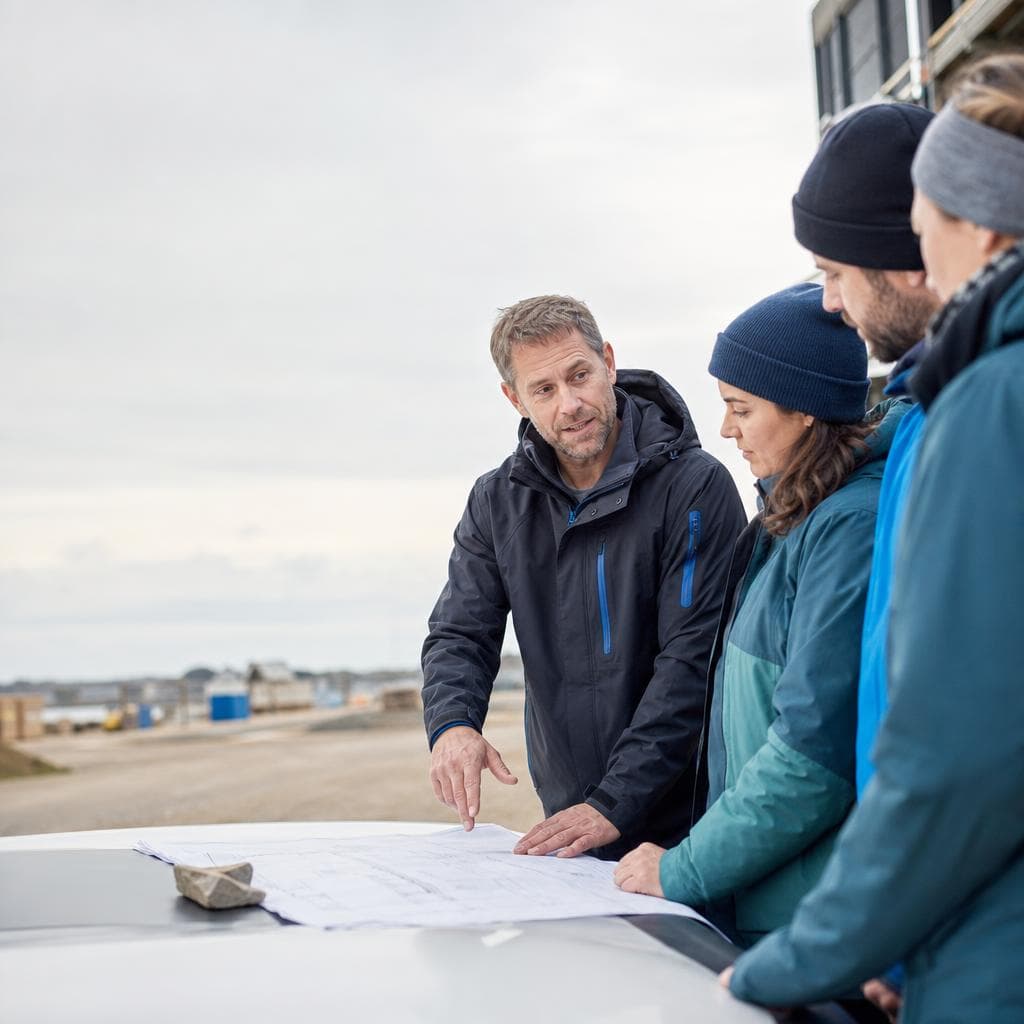 Field operations leader coordinating a team around a work plan at a jobsite.
