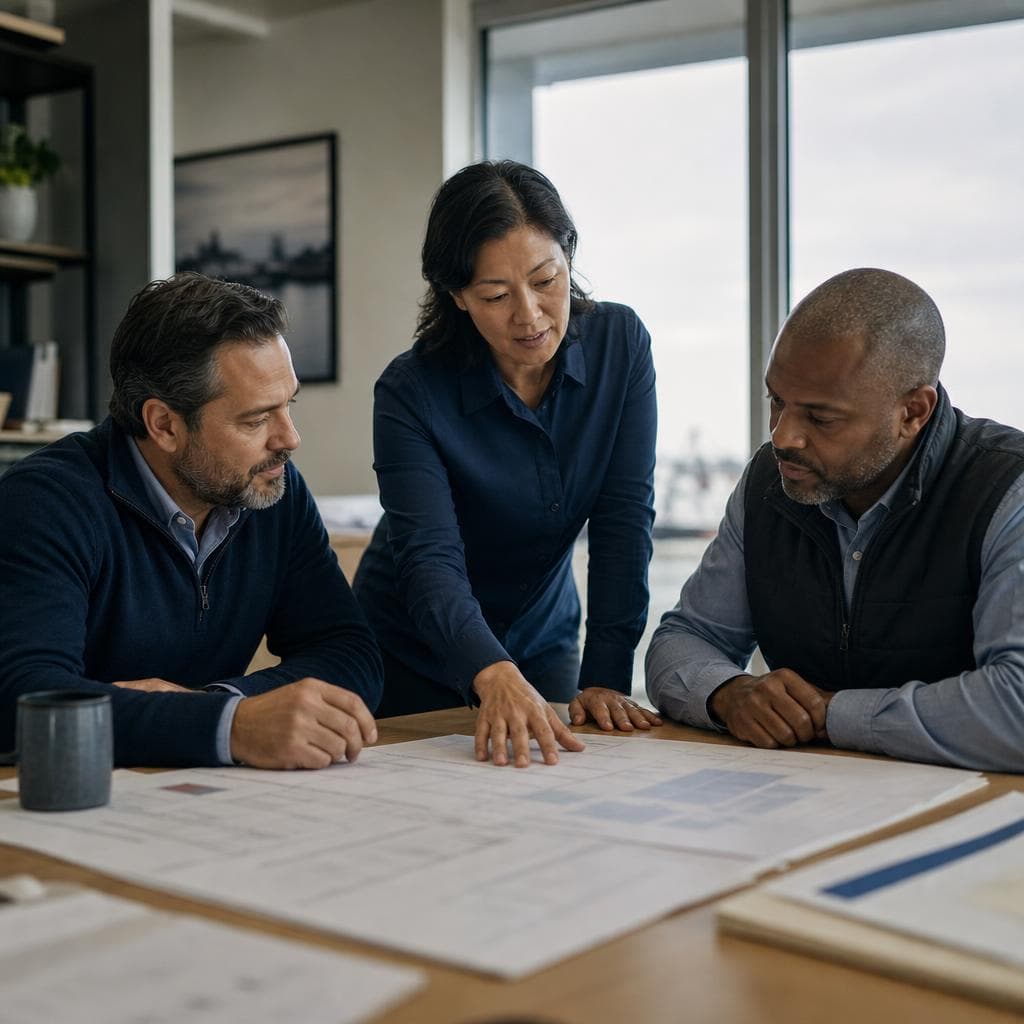 Three senior operational leaders reviewing printed plans around a table in an operations office.