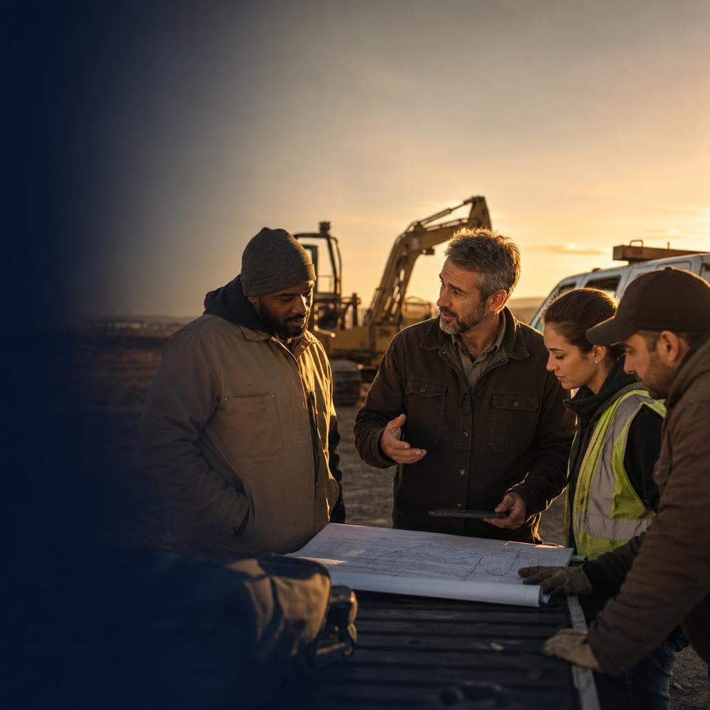Field operations team coordinating around work plans at a jobsite.