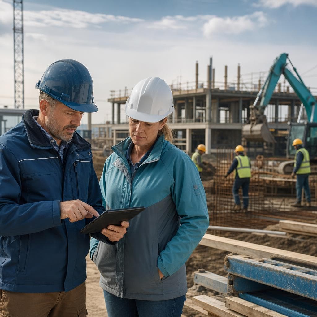 Two construction supervisors coordinating beside an active jobsite.